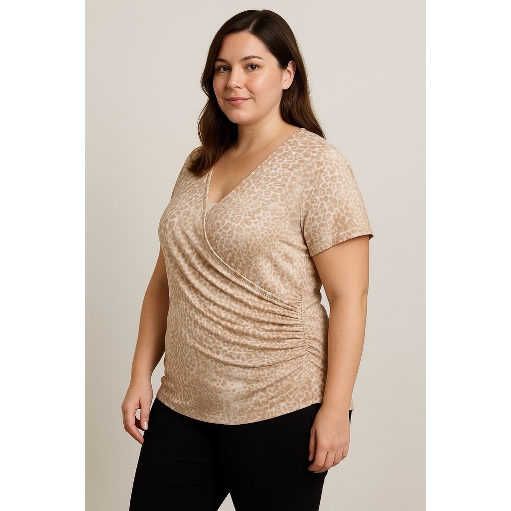 Tahari Top Women's Large‎ Brown Beige Snakeskin Print Short Sleeve Wrap Lined